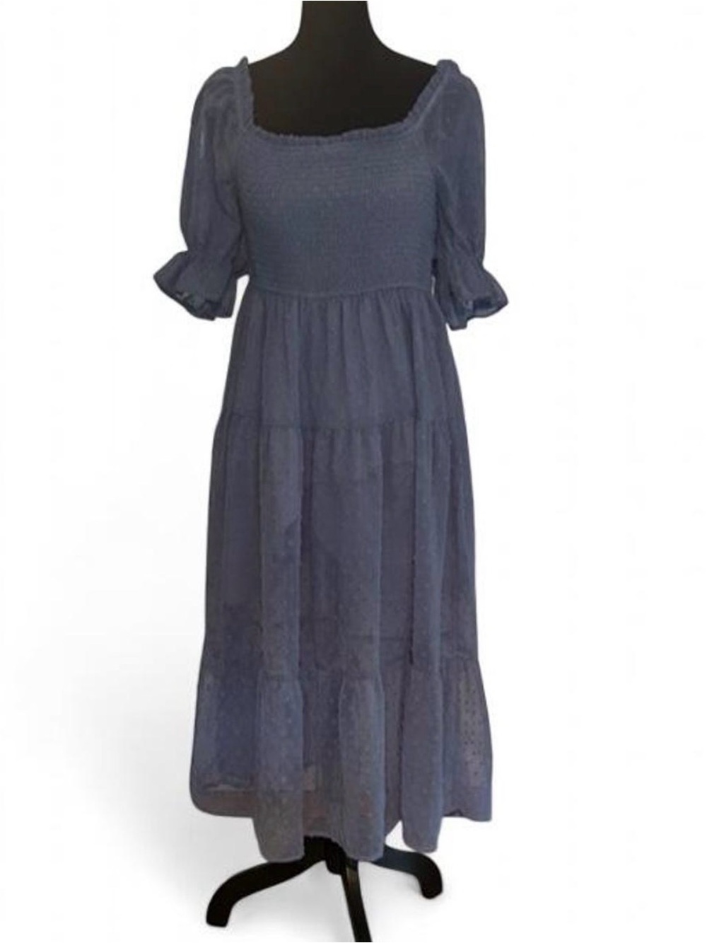 MEROKEETY Blue Solid Square Neck Smocked Belted Puff Sleeve Midi Dress S